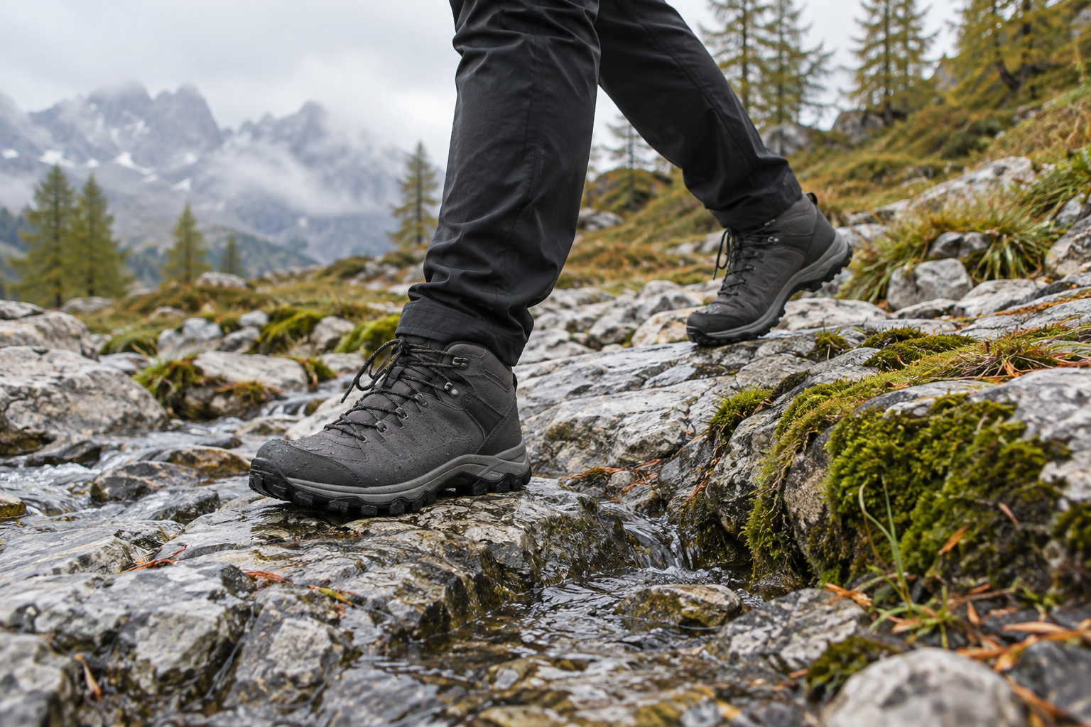 Escursionista anonimo su roccia umida con calzature da trekking senza marchio