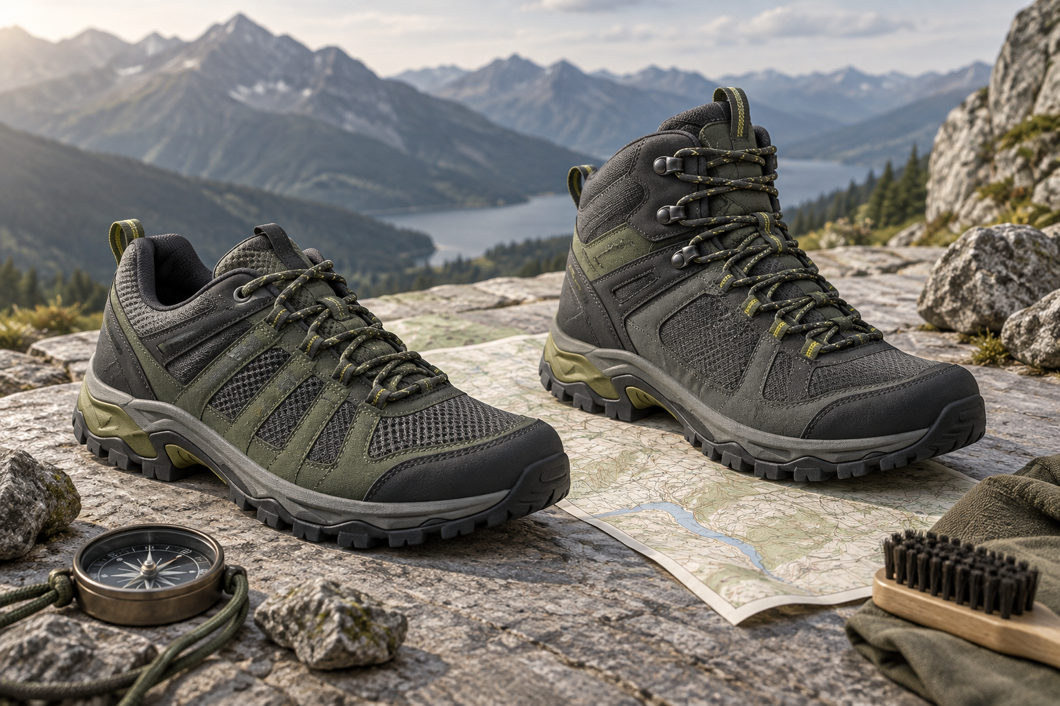 Confronto senza marchio tra scarpa da trail bassa e scarponcino da trekking medio