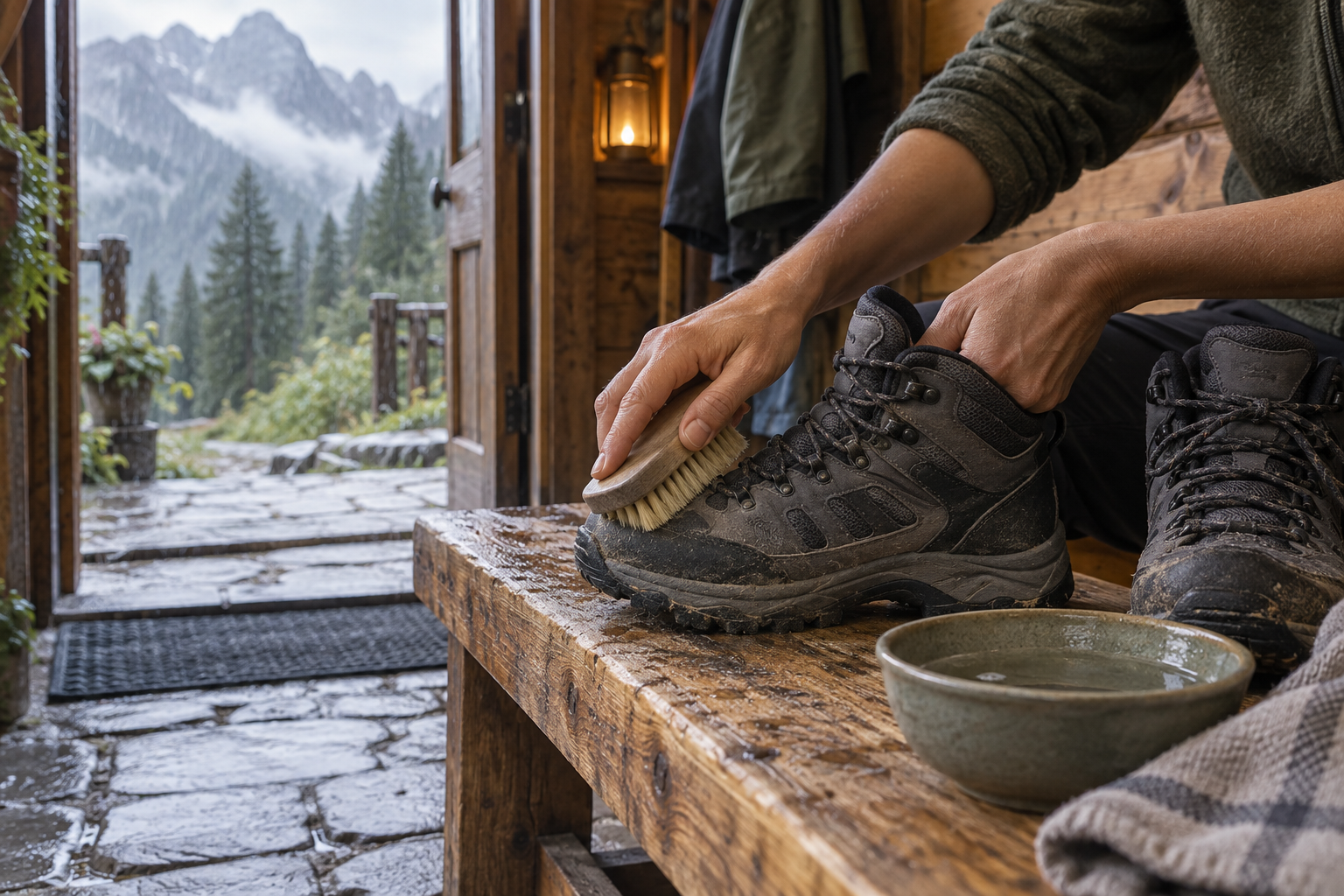 Pulizia manuale di calzature da trekking senza marchio in un rifugio alpino